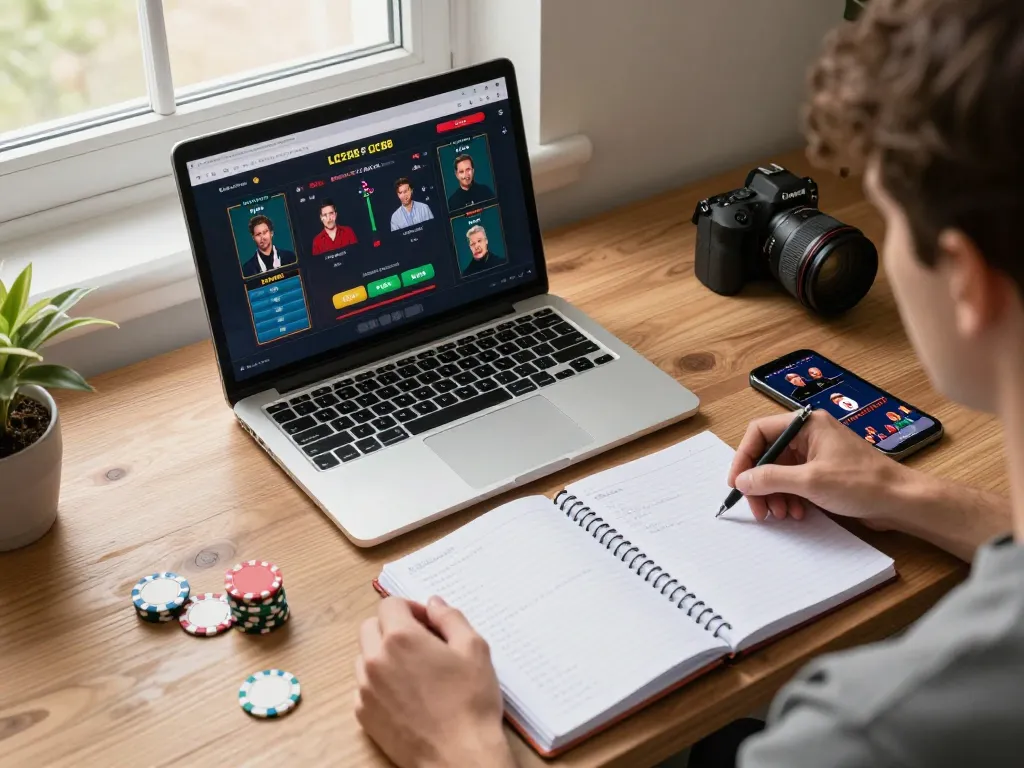 Engaging online poker gameplay at LC88 showing strategy notes and betting options in a cozy setting.