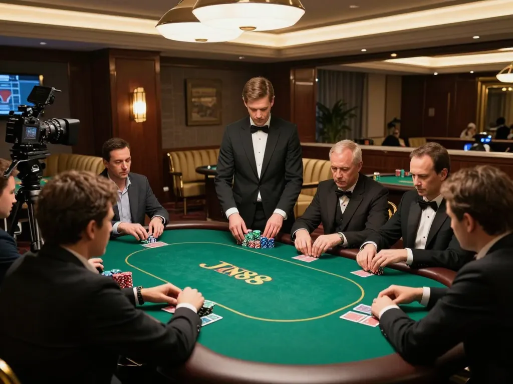 Players strategizing in a Jun88 poker room, showcasing intense gameplay and elegant decor.