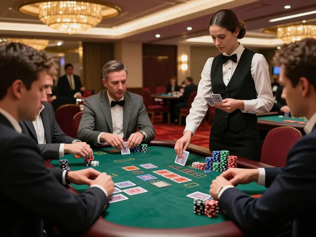 NET88 players strategizing at an engaging blackjack table in a luxurious casino setting.