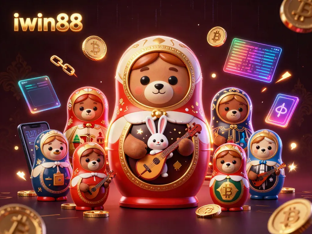 Experience iwin88 excitement with a vibrant 3D casino scene featuring dealer bears and crypto elements.