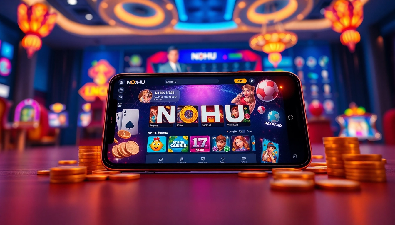 Interactive gaming scene featuring NOHU's diverse online games and a smartphone interface.