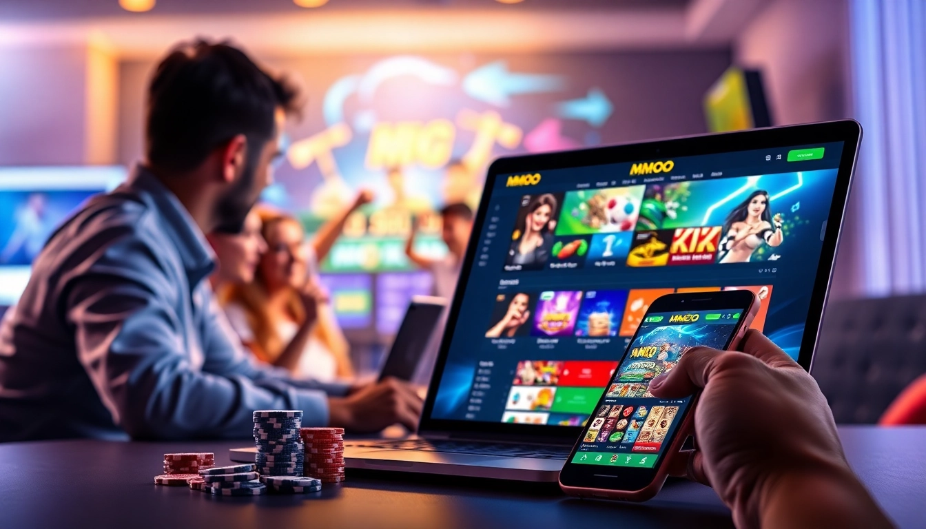 Experience the excitement of MMOO online gaming platform with vibrant visuals of sports betting and casino games.