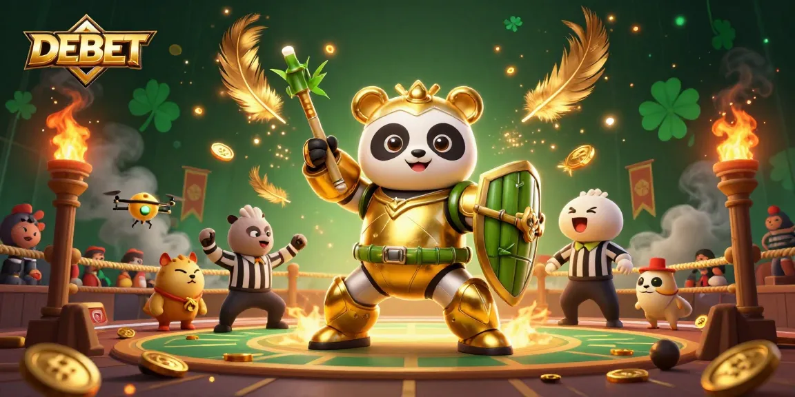 Bettors engage with DEBET in an action-packed sports betting scene featuring a golden panda robot.
