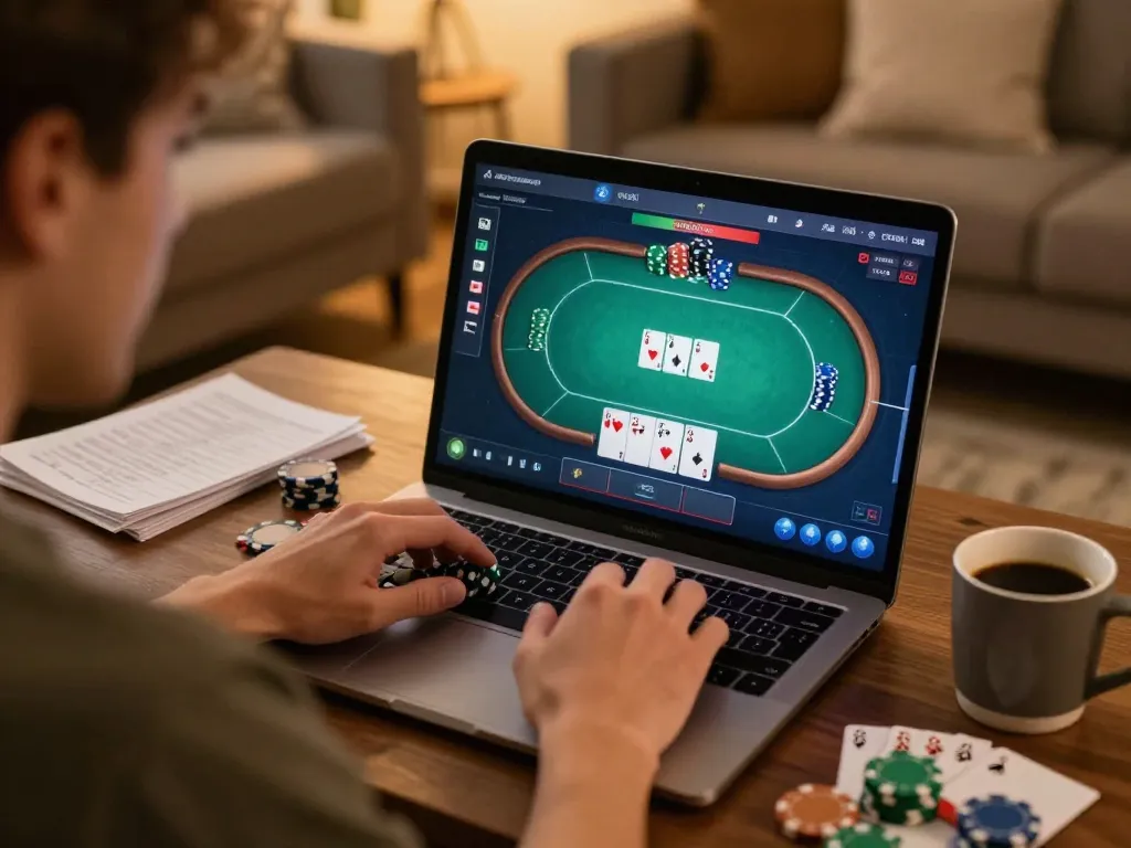 Player strategizing on kuwin co's online poker platform with chips stacked on the screen