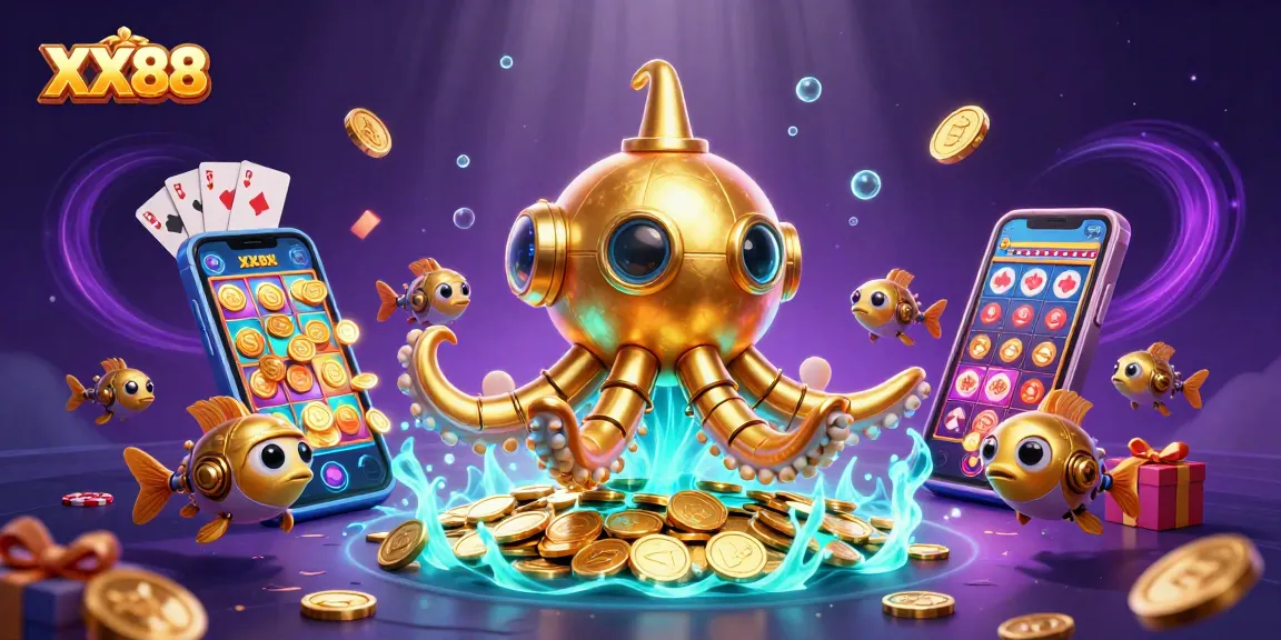 Experience thrilling gameplay at XX88 with vivid 3D kraken and surreal casino elements under sea.