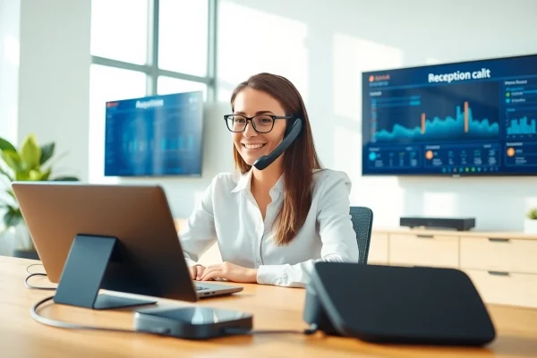 AI Receptionist engaged in a call, showcasing efficiency and professionalism in a modern office.