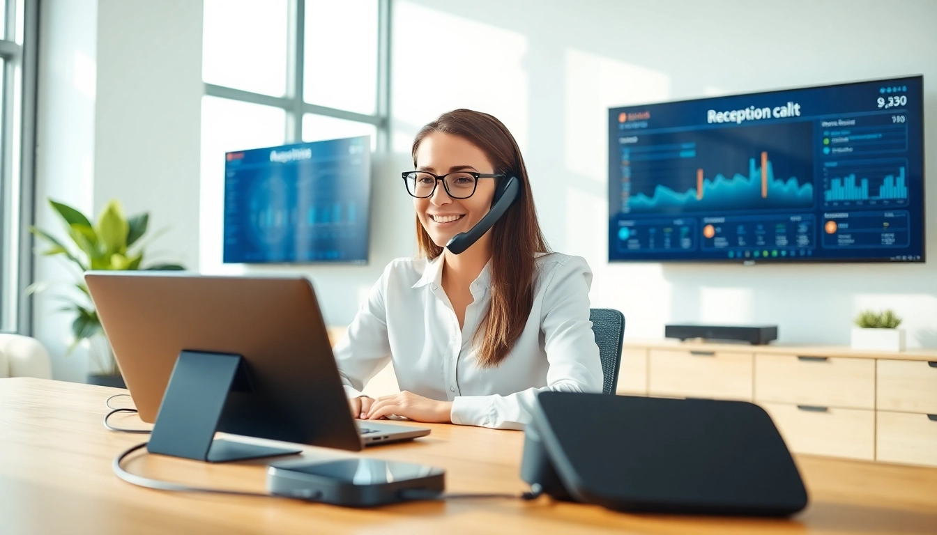 AI Receptionist engaged in a call, showcasing efficiency and professionalism in a modern office.