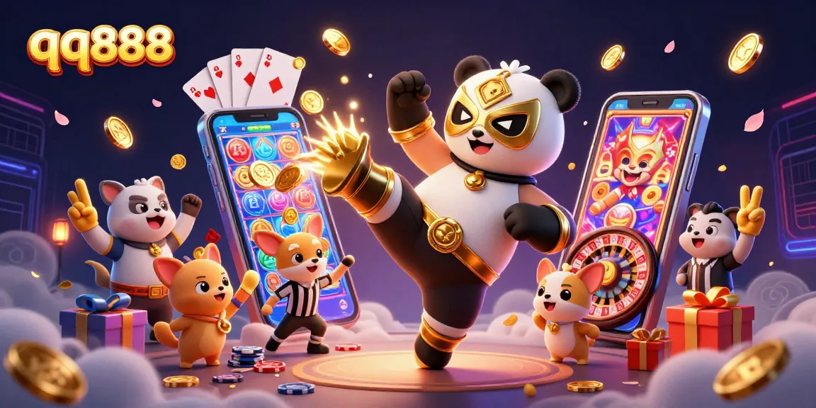 Engage with thrilling gameplay at qq888, featuring a vibrant scene with a panda wrestler and casino elements.